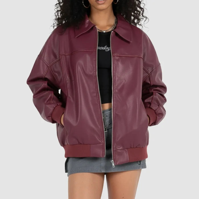 Women's Maroon Leather Bomber Jacket