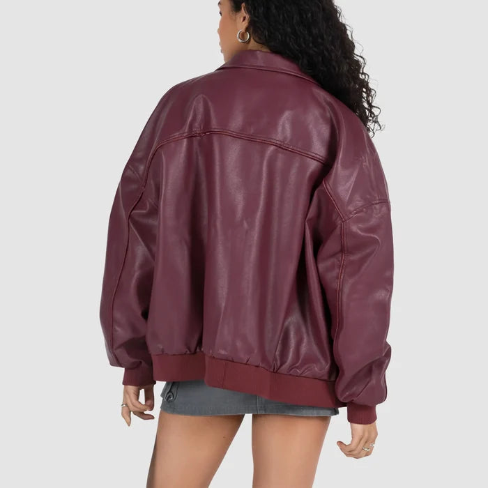 Women's Maroon Leather Bomber Jacket