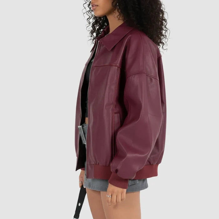 Women's Maroon Leather Bomber Jacket