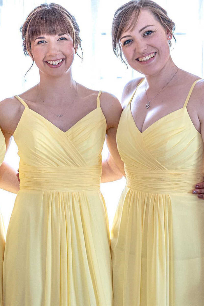 Yellow Chiffon Spaghetti Straps A-Line Long Bridesmaid Dress