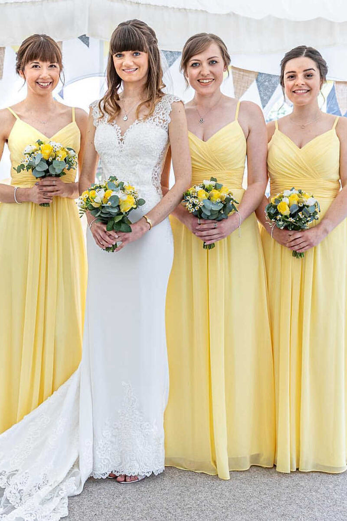 Yellow Chiffon Spaghetti Straps A-Line Long Bridesmaid Dress