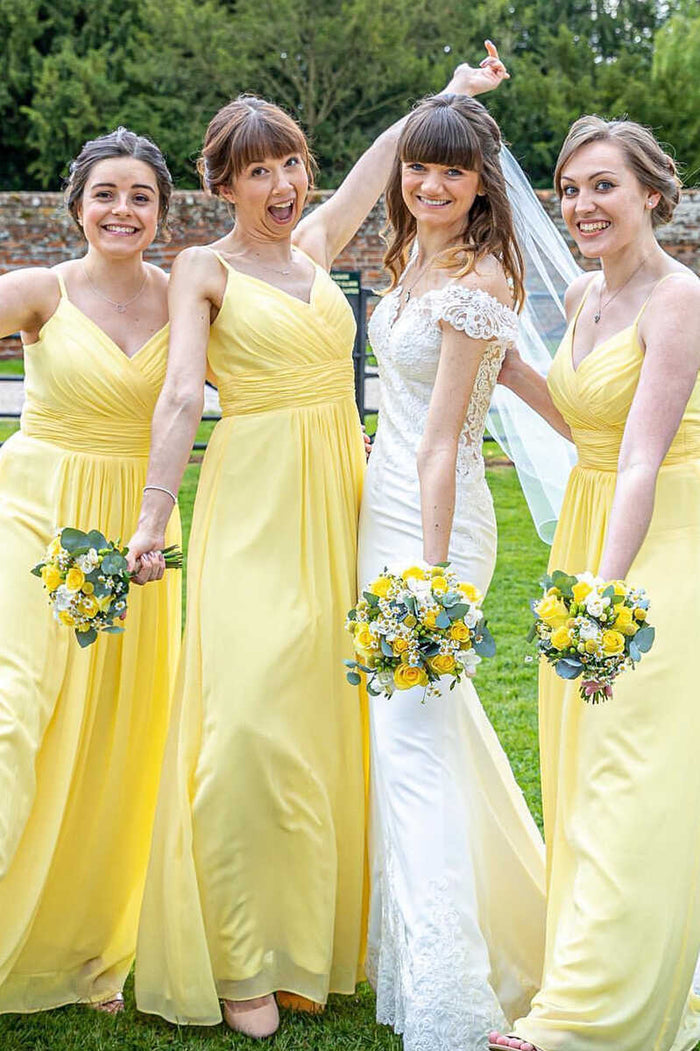 Yellow Chiffon Spaghetti Straps A-Line Long Bridesmaid Dress