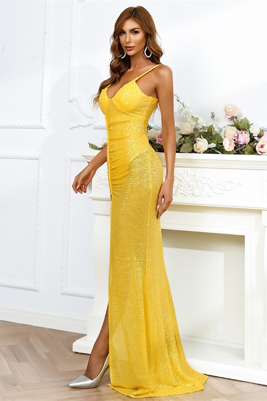Yellow Sheer Sequin V-Neck High Side Slit Long Evening Dress