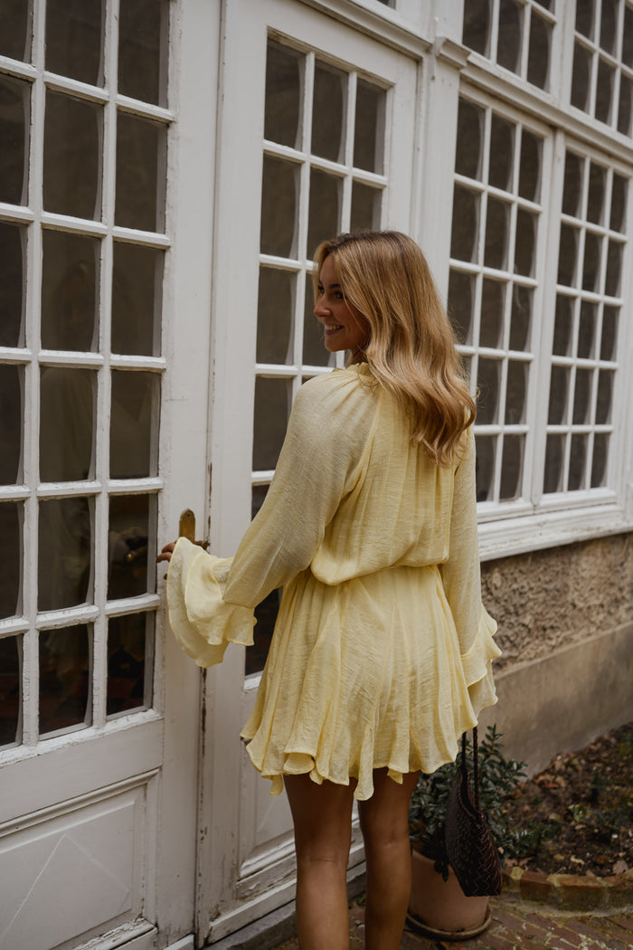 Yellow Zora Dress fabric texture and lined finish close-up
