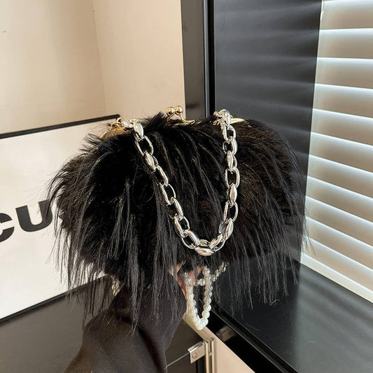 Z Clutch- IMITATION TURKEY FEATHER PEARL CHAIN PLUSH BAG